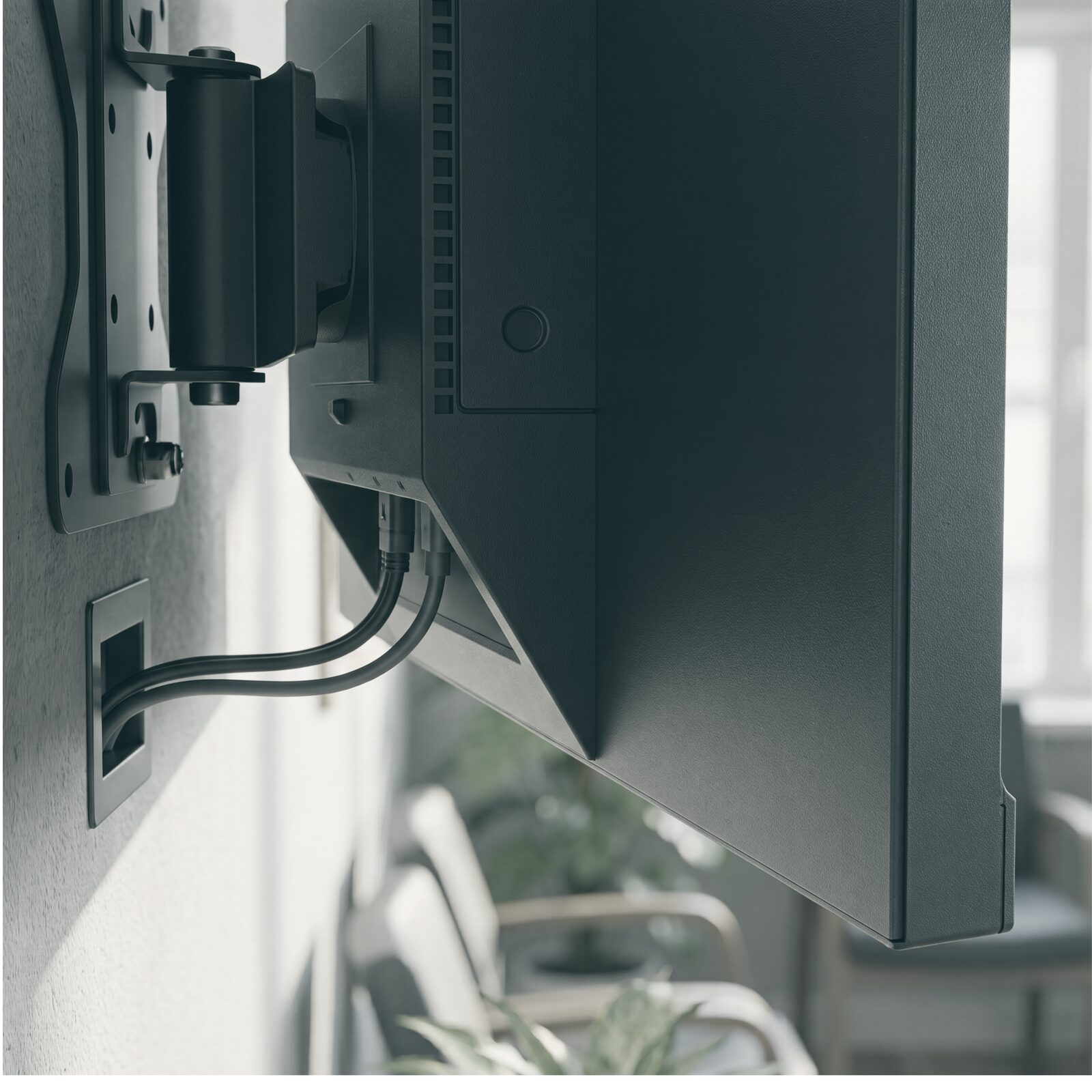Detail of a wall-mounted commercial display's mounting bracket and cable management