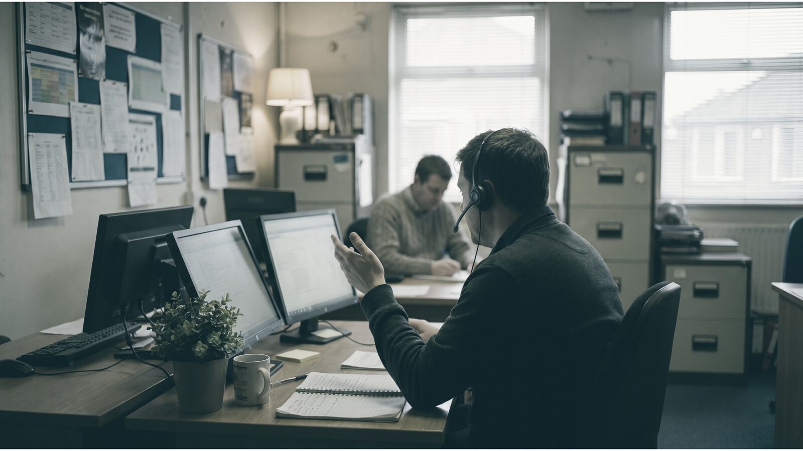 Illustration of a support technician on a call at a small office desk