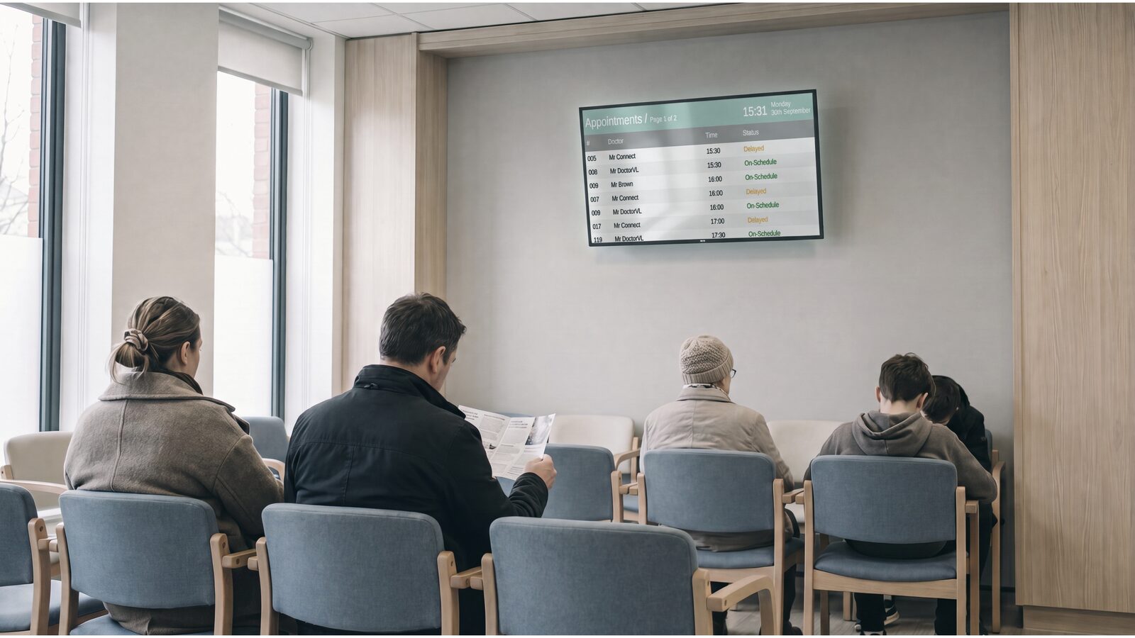 Illustration of a GP waiting room with a wall-mounted patient-calling screen
