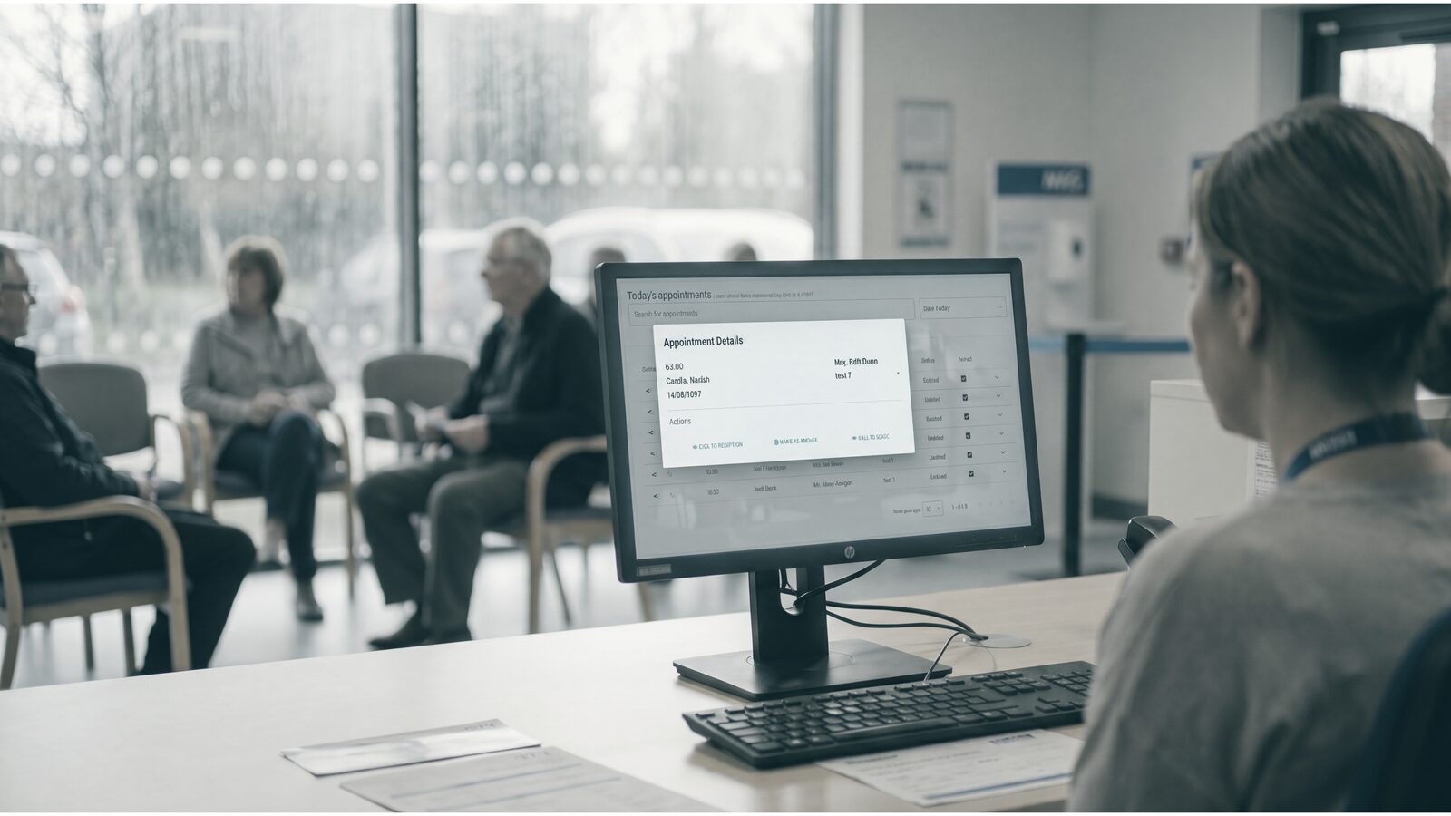 Illustration of a receptionist's desk with the waiting room visible beyond it