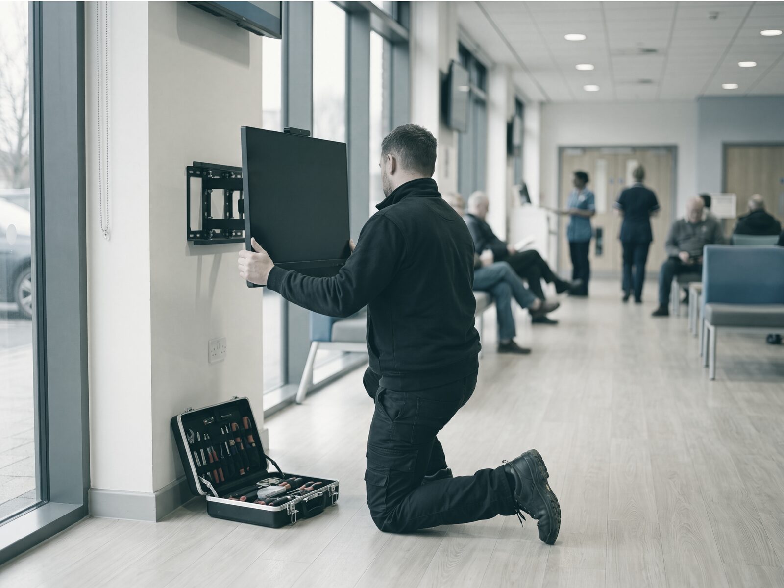 Illustration of a field engineer wall-mounting a screen on-site in a GP surgery waiting room